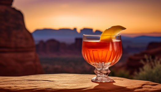 An amber colored drink, garnished with a twist of an orange peel.