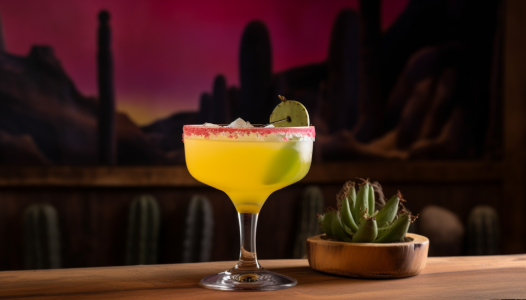 A light yellow-green margarita with a pink salt rim, garnished with a lime.