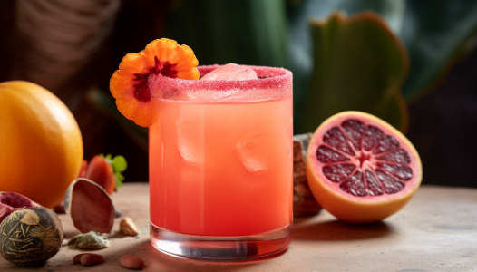 A pink cocktail with a pink rim, garnished with a tropical flower on top.