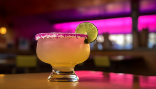 A tropical layered cocktail, changing from pink to orange, garnished with a lime.